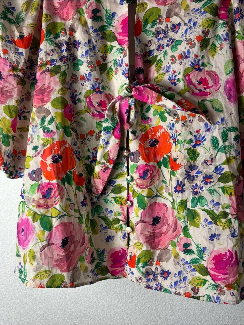 Zara Floral Tie-Neck Puff Sleeve Blouse in Pink, Green, Orange